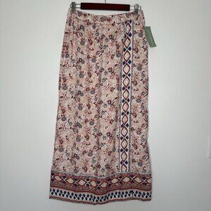 NWT Coldwater Creek Linen Midi Skirt XS Pink Aztec Tribal Boho Floral